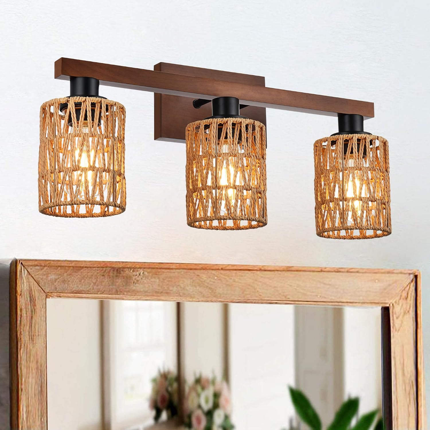 MELUCEE 21 Inches Farmhouse Vanity Light Fixture with Rattan Lampshade, 3-Light Bathroom Wood Wall Light Over Mirror Rustic Vintage Wall Sconce Lighting for Bathroom Kitchen Hallway