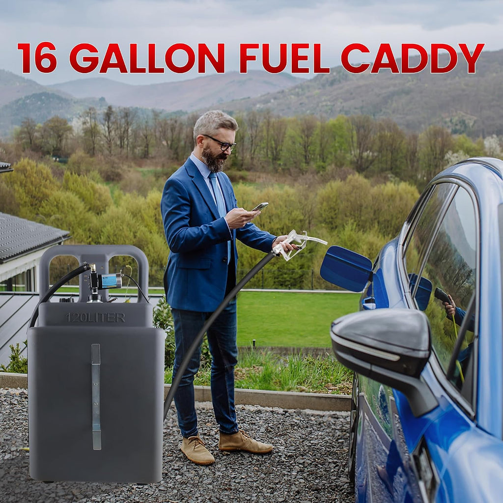 32 Gallon Fuel Caddy 2 Pack, 120L Transfer Caddy with 3.7 GPM 12V DC Electric Pump, Diesel Gasoline Fuel Transfer Caddy for Cars, Motorcycles, Boats, Lawn Mowers, Snowblowers, Manual Fueling Nozzle(Pack of 2)