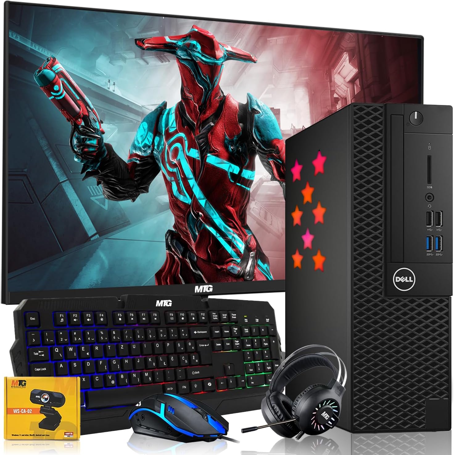 Dell Desktop PC Gaming Bundle - Intel Core i7, 16GB RAM, 512GB SSD, 24-inch Monitor, GT 730, RGB Keyboard with AI-Enabled Copilot Key, Mouse, RGB Headphone, Webcam, Wi-Fi, Windows 11 Pro (Renewed)