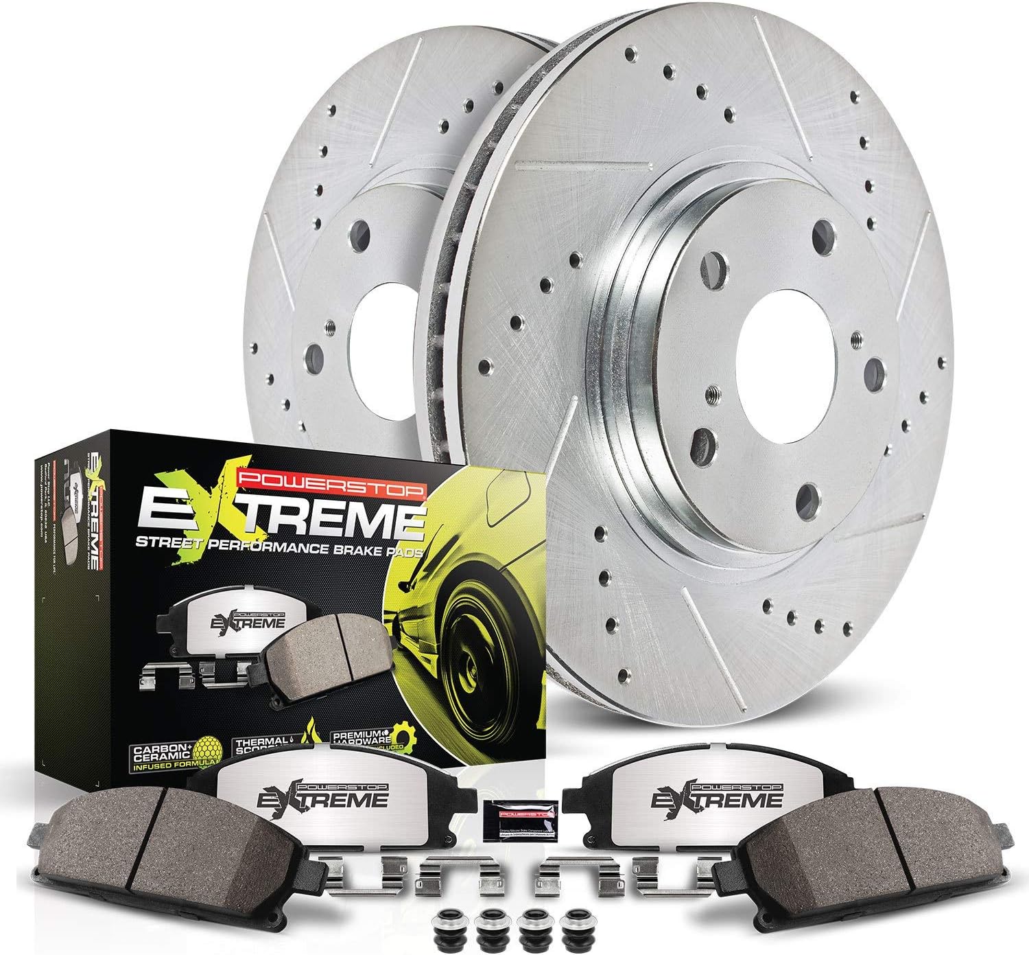 PowerStop Rear Brake Kit for Chevrolet Corvette 2006-13 - Carbon-Fiber Ceramic Z26 Brake Pads + Drilled & Slotted Rotors Upgrade, K1446-26
