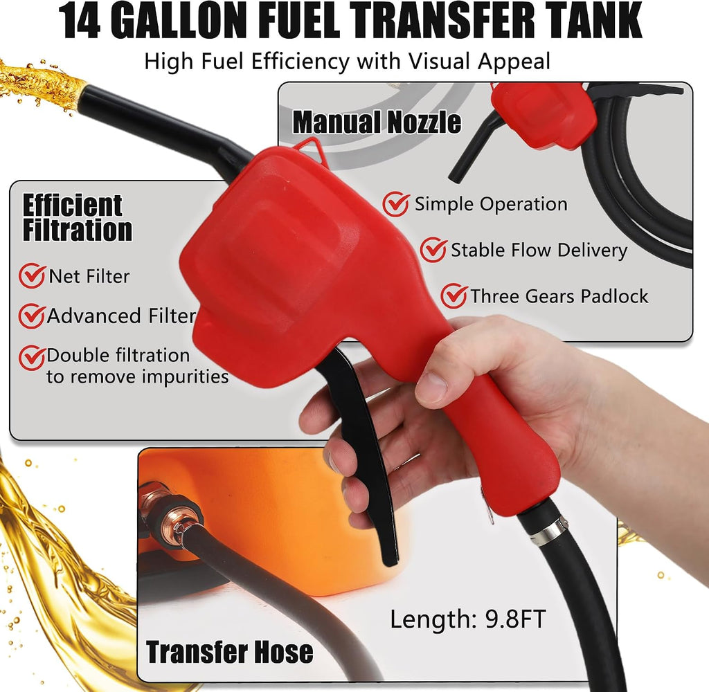 14 Gallon Fuel Tank, Portable Diesel Transfer Gas Can, Manual Transfer Nozzle, Fuel Container, Heavy-Duty Fuel Caddy for Car, ATV, Weeder, Boat, Orange