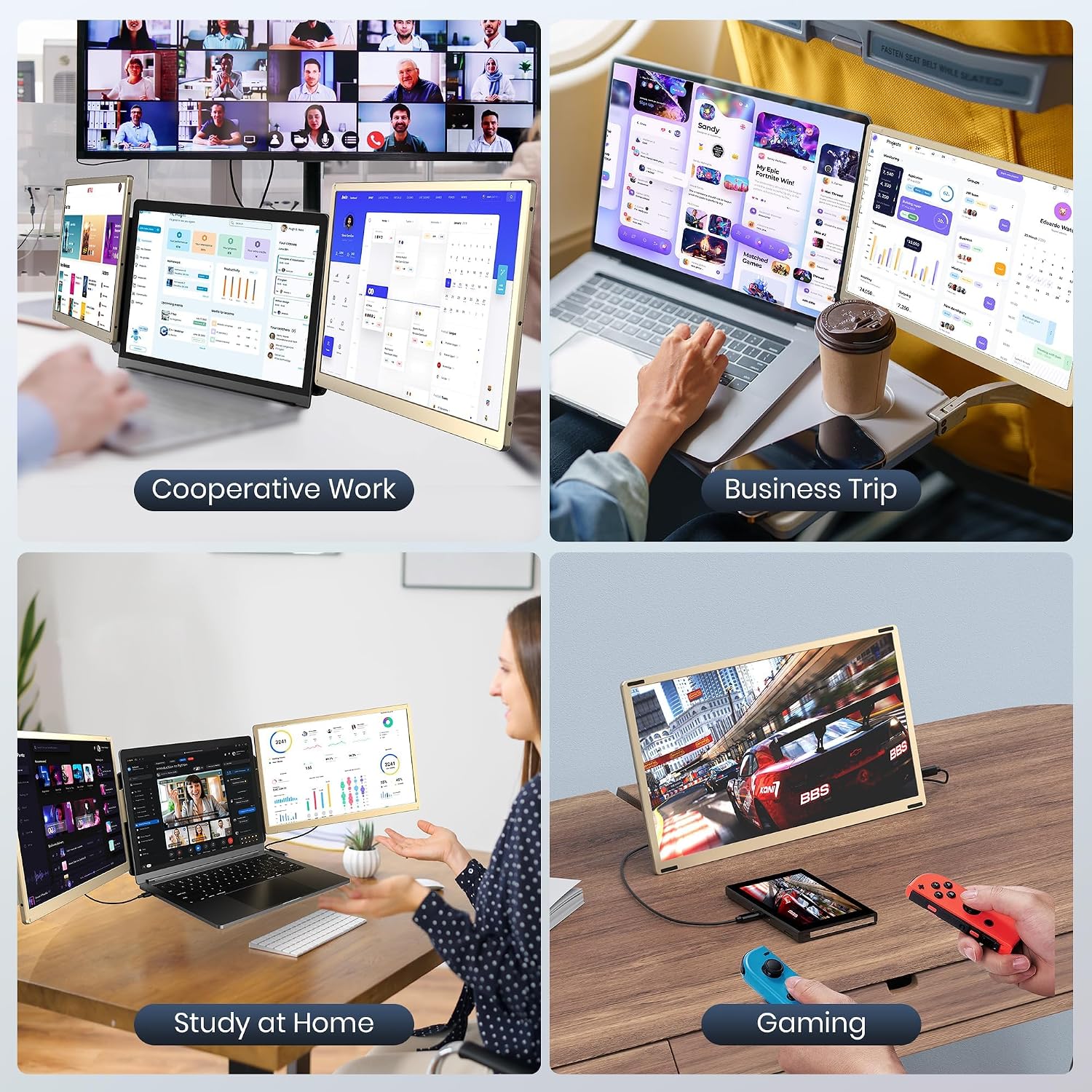 Laptop Screen Extender, 15.6' Detachable Triple Portable Monitor, 1080P FHD IPS Display, Sturdy & Durable, USB-C/HDMI Plug-Play Monitor Extender for Mac/Win/Android, Fits 13-17' Laptops