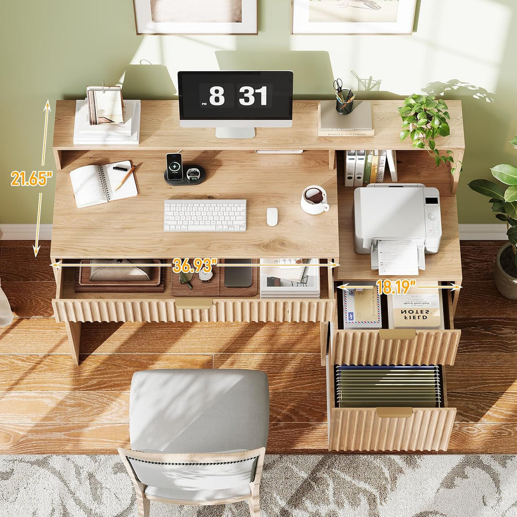 Vabches Fluted Computer Desk with Drawers, Home Office Desk with Power Outlets, Printer Stand and Storage Cabinet, Study Writing Desks with Long Monitor Stand, Oak
