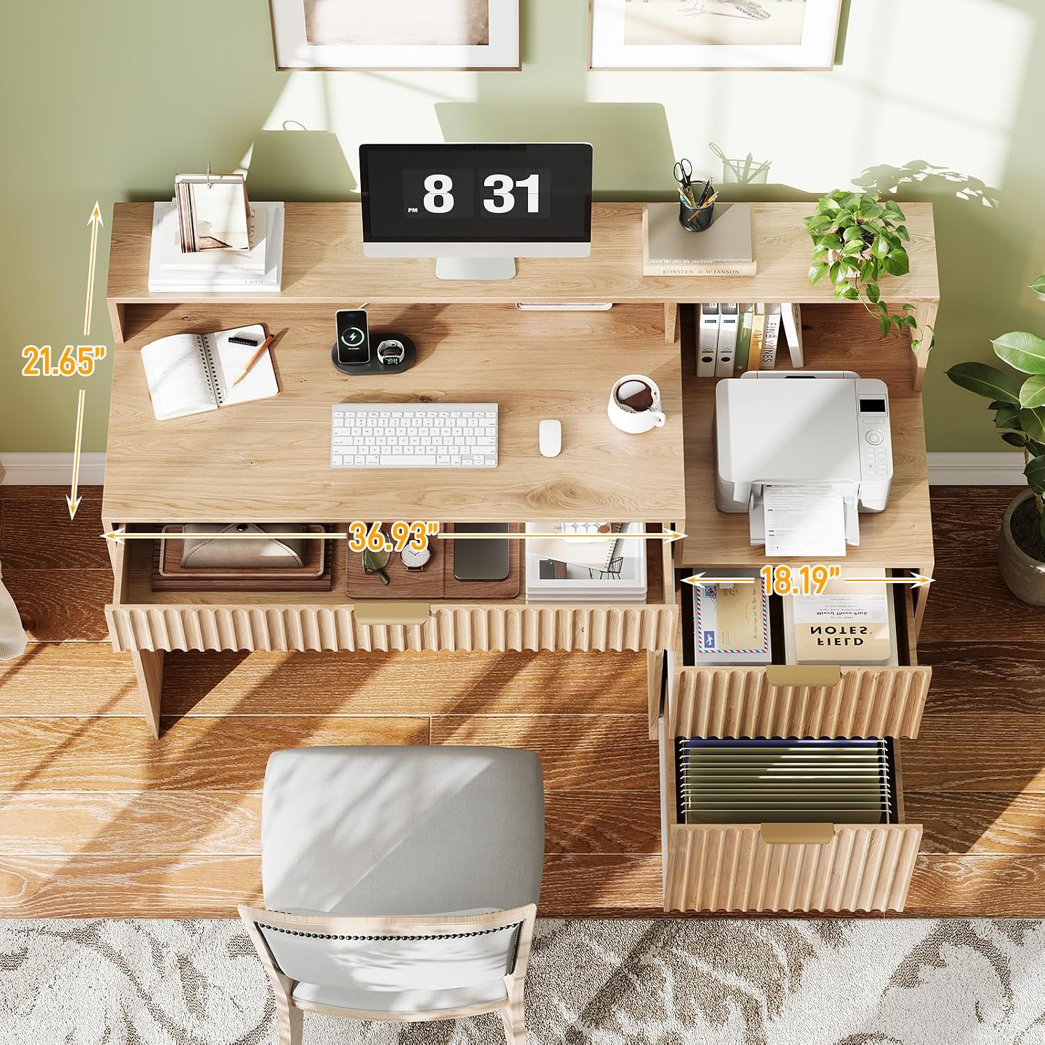 Vabches Fluted Computer Desk with Drawers, Home Office Desk with Power Outlets, Printer Stand and Storage Cabinet, Study Writing Desks with Long Monitor Stand, Oak