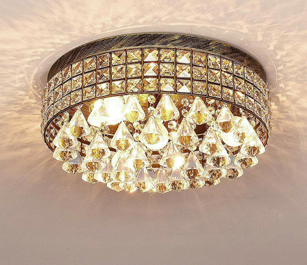 Maxax 4-Light Traditional Crystal Chandelier, Bronze Drum Ceiling Light Fixture with Round Metal Shade & Raindrop Crystals, 15,7' Vintage Flush Mount for Dining Room, Bedroom, Entryway
