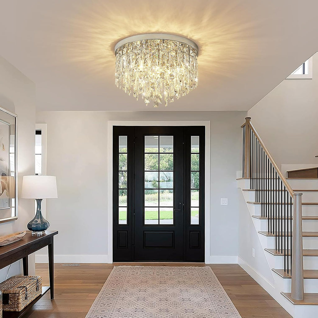 YMP&YZX Modern Chrome Ceiling Crystal Chandeliers,Diameter 15.7inch Semi Fulsh Mounted Chandelier Light Fixtures for Living Dining Room Bedroom Crystal Ceiling Fixture 5-Light