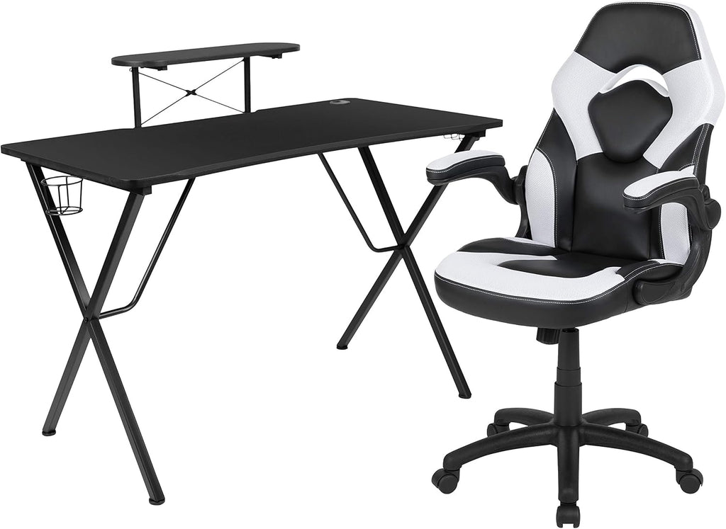 Flash Furniture Black Gaming Desk and White/Black Racing Chair Set with Cup Holder, Headphone Hook, and Monitor/Smartphone Stand