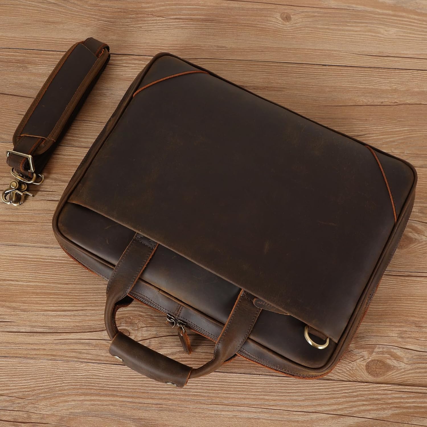 Leather Slim Briefcase for Men 14' - 16' Laptop Crossbody Messenger Bag Business Work Lawyer Attache Case