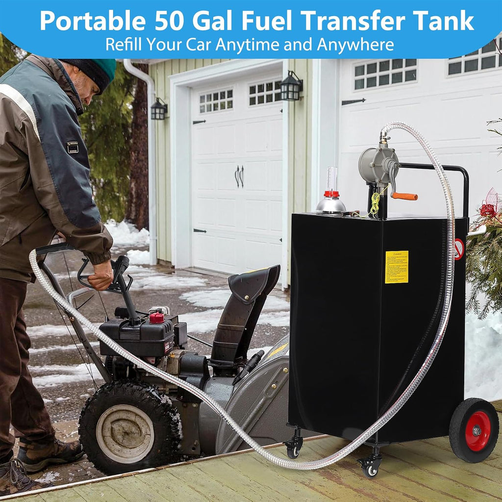Garvee 50 gal Fuel Caddy with Manual Pump – Heavy Duty Gasoline & Diesel Transfer Tank On 4 Wheels, Spill-Proof Portable Fuel Container for Boat, Truck, Lawn Mower, ATV, Garage & Farm – Black