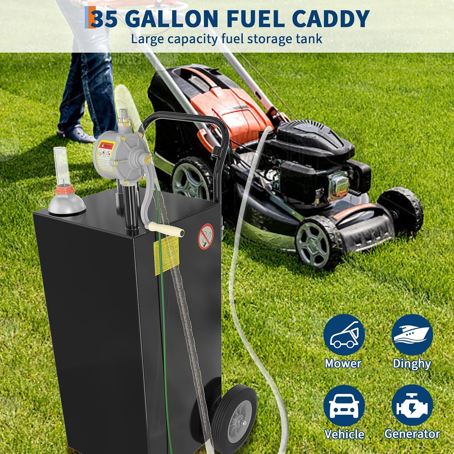 35 Gallon Fuel Caddy, Fuel Transfer Tank with Pump, Gas Storage Tank, Gasoline Diesel Fuel Container for Cars, Lawn Mowers, ATVs, Boats, More, Black