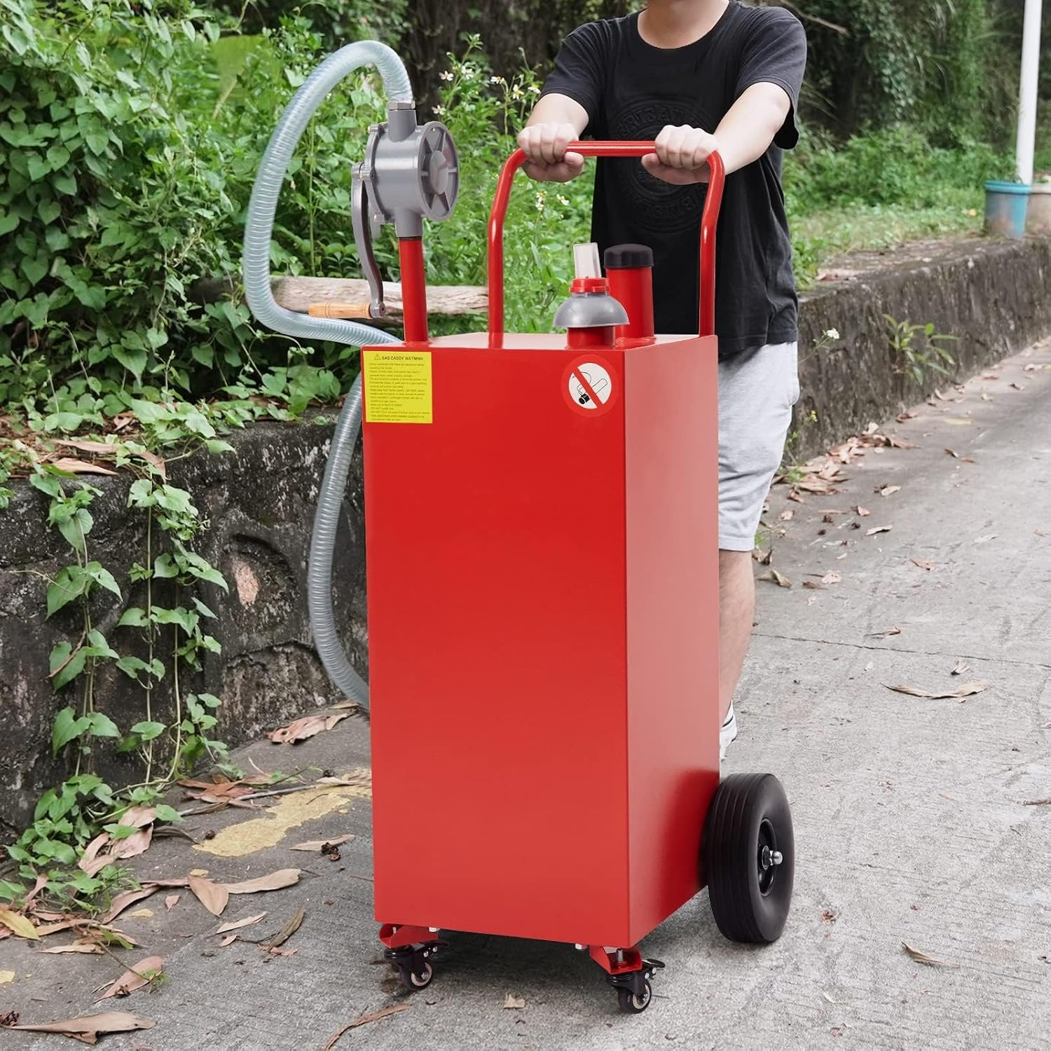 50 Gallon Fuel Caddy, Portable Gas Tank with Reversible Rotary Manual Siphon Pump, Fuel Transfer Storage Tank with 4 Solid Rubber Rollers, Gasoline Diesel Can for Car, Boat, Lawn Mower, ATV, Red