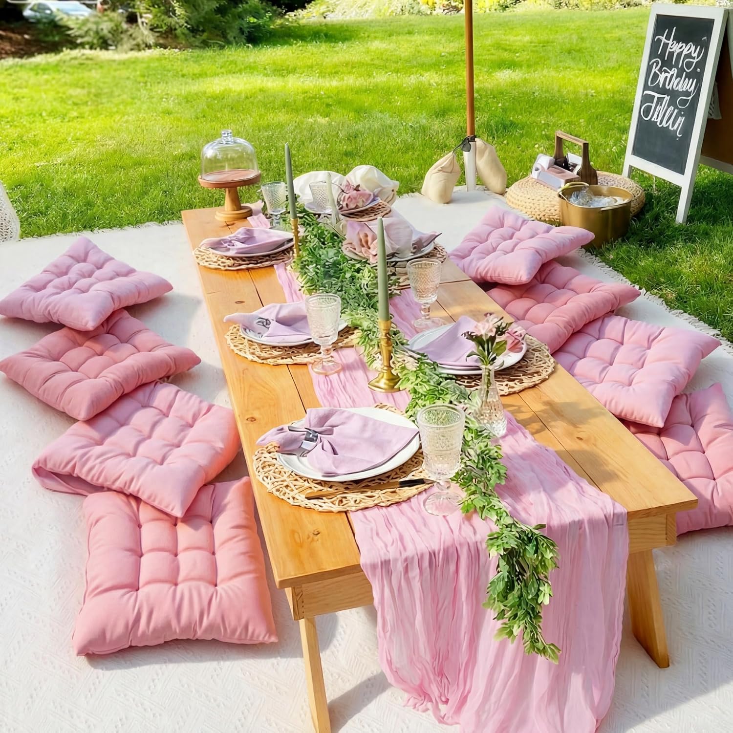 Extra Large Outdoor Picnic Blanket with Table Runner and Floor Pillow Cushion for Picnic Wedding Birthday Baby Shower Backyard Decor(71 x 150'',Pink,15 Pcs)