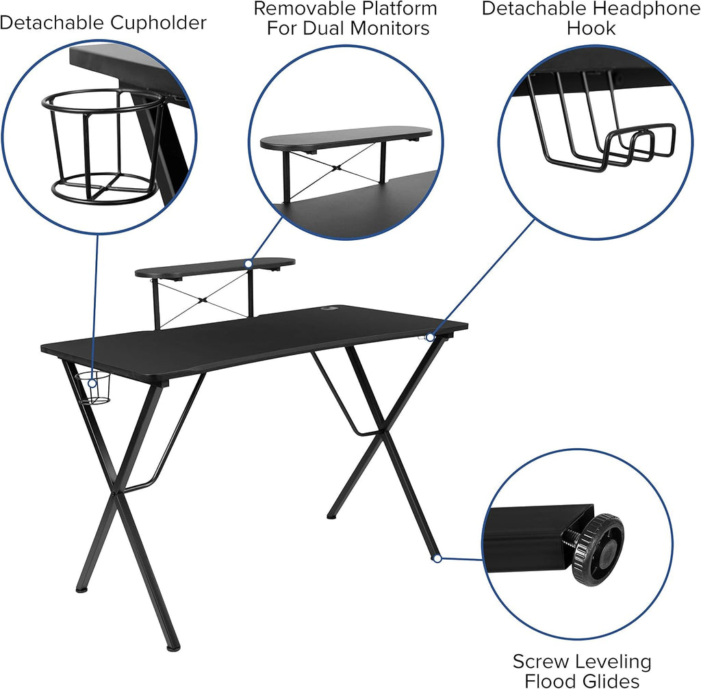 Flash Furniture Black Gaming Desk and Red/Black Racing Chair Set with Cup Holder, Headphone Hook, and Monitor/Smartphone Stand