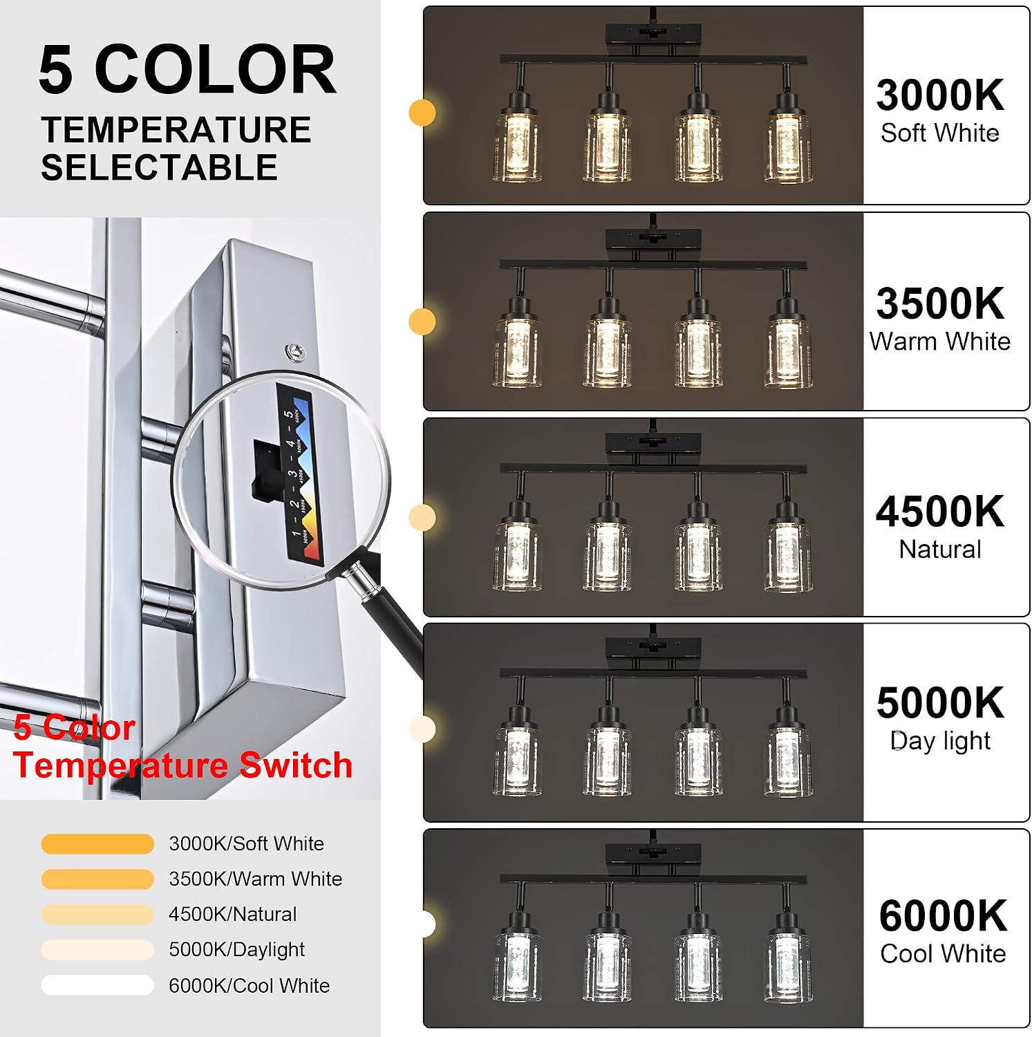 MELUCEE 5-Color Dimmbale LED Track Lighting Kit 6-Light Rotatable Spotlight Ceiling Light Fixture Bathroom Vanity Light Wall Sconces Kitchen Track Lighting Ceiling Mount, Clear Glass Shade