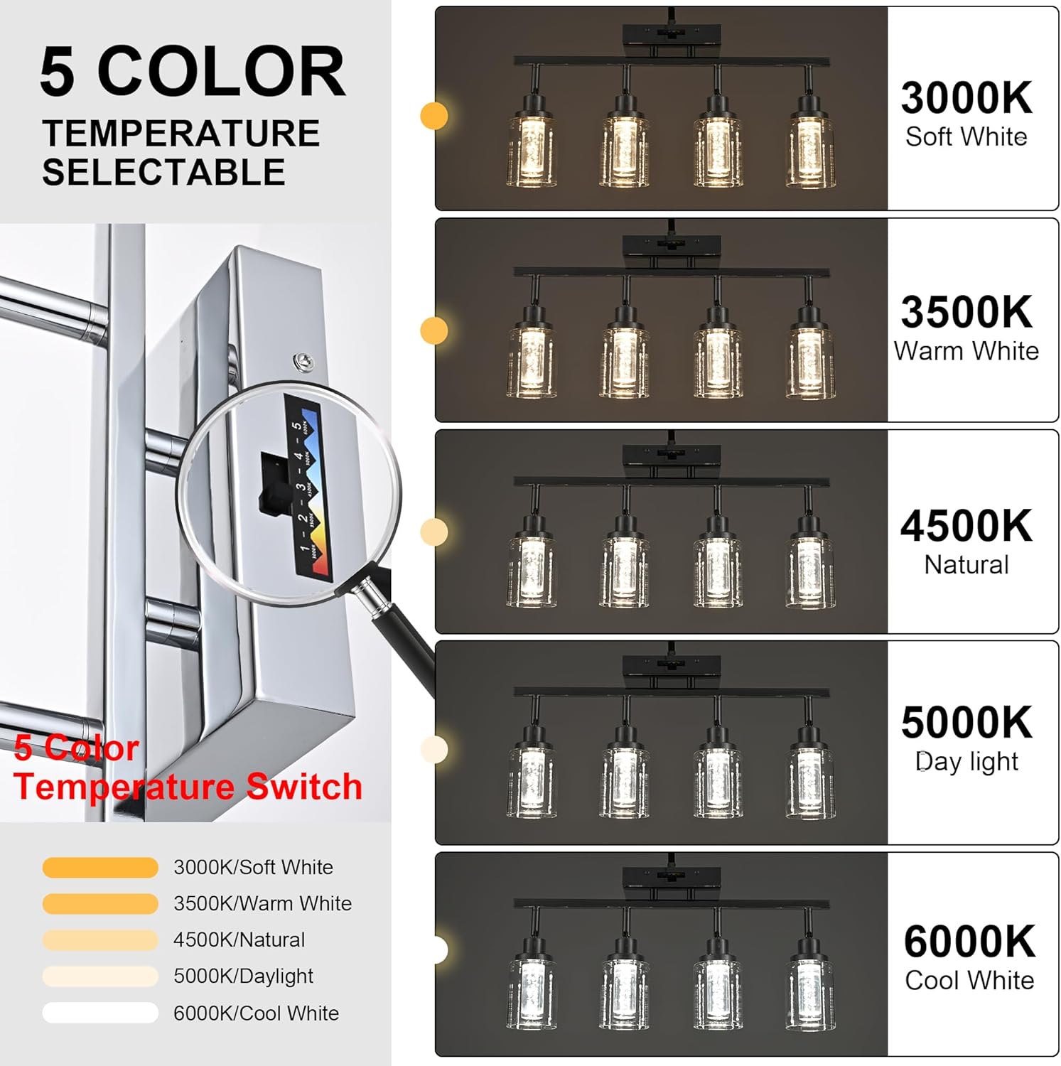 MELUCEE 5-Color Dimmbale Track Lighting Fixtures Ceiling 4-Light LED Track Lighting Kit Chrome Rotatable Spotlight Ceiling Mount Bathroom Wall Sconces, Kitchen Tracking Lights, Clear Glass Shade