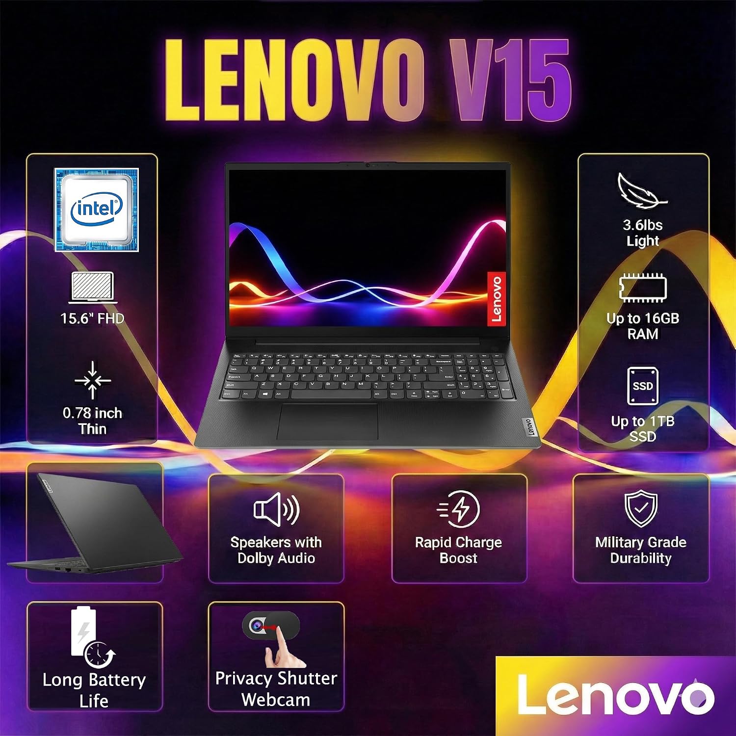 Lenovo Laptop Computer for Business and Home Student Study, 15.6' FHD, Intel Dual Core Processor, 16GB DDR4 RAM, 512GB PCIe SSD, WiFi 6, Bluetooth 5.2, HDMI, Type-C, Ethernet, Black
