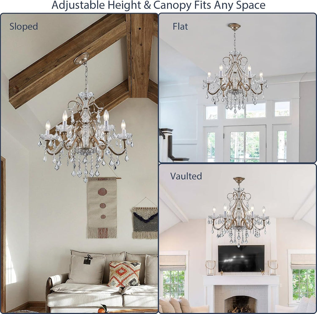 Bestier Antique Silver Vintage Candle Chandelier Crystal Lighting Fixture Lamp for Dining Room Bathroom Foyer Livingroom 6 E12 Bulbs Required D24 in x H26 in
