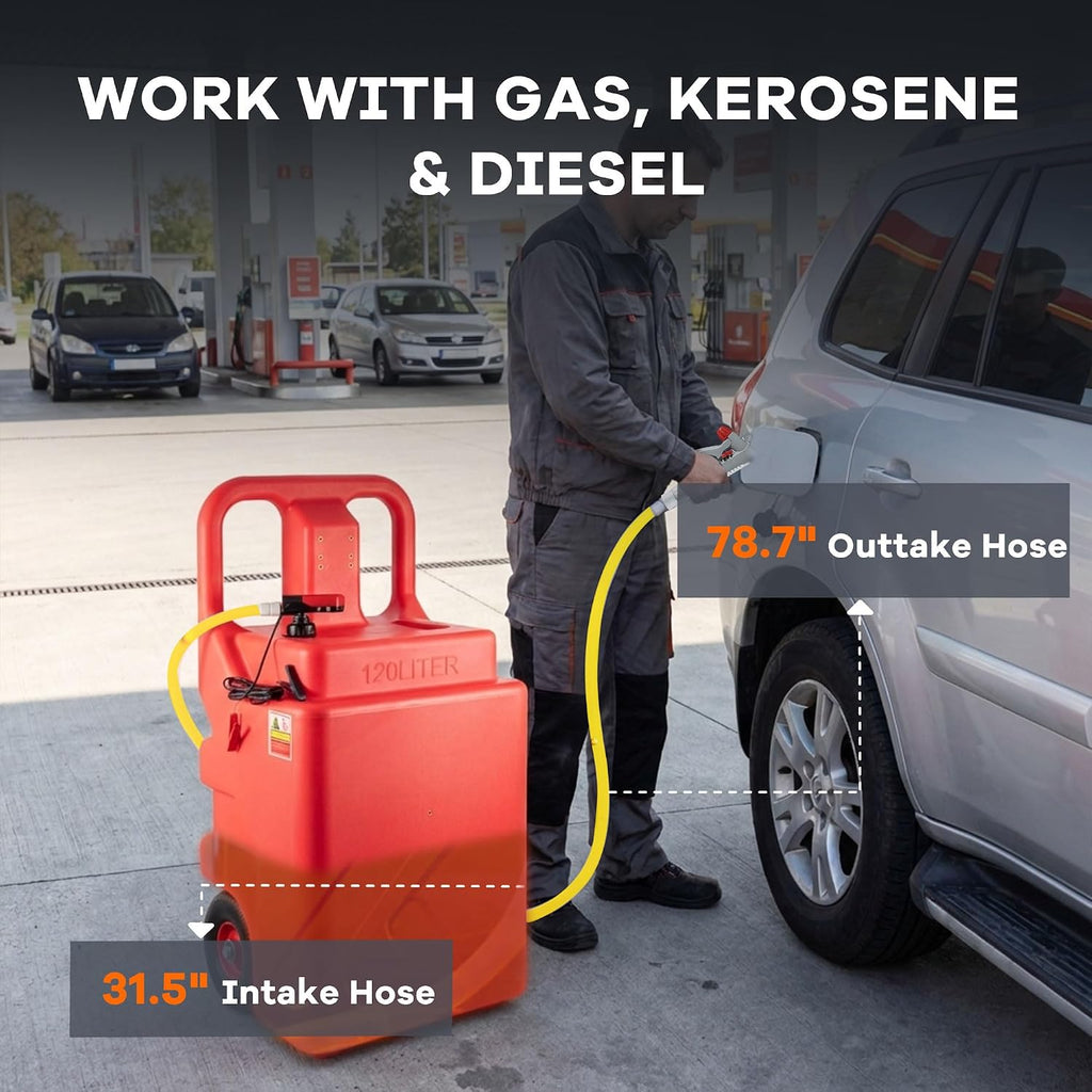 32 Gallon Fuel Transfer Caddy 2 Pack, 120L Gas Caddy with AA Battery Powered Pump for Gasoline Diesel, PE Diesel Transfer Tank, Manual Fueling Nozzle, for Easy Fuel Transportation (Pack of 2)