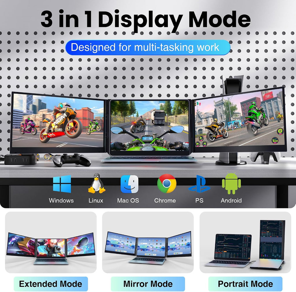 Laptop Screen Extender, 15.6' Ultra Light & Thin Triple Portable Monitor for Laptop with 1080P FHD IPS Display, Two Cable USB-C/HDMI Plug-Play Monitor Extender for Mac/Win/Android, Fits 13-17' Laptops