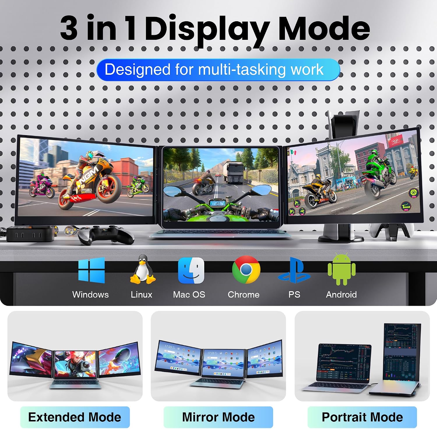 Laptop Screen Extender, 15.6' Ultra Light & Thin Triple Portable Monitor for Laptop with 1080P FHD IPS Display, Two Cable USB-C/HDMI Plug-Play Monitor Extender for Mac/Win/Android, Fits 13-17' Laptops