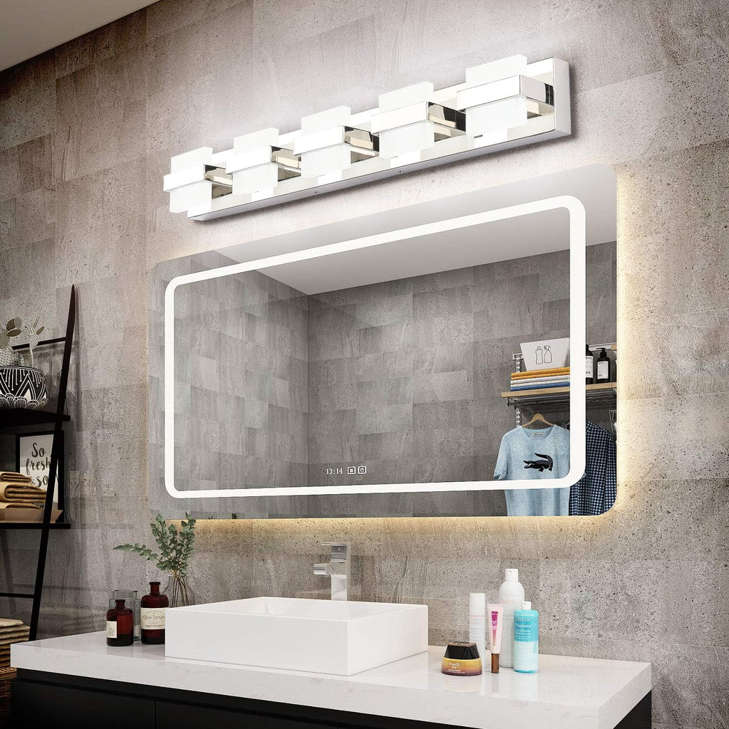 SOLFART Chrome 5 Light Bathroom Vanity Lights Over Mirror, Modern Chrome Bathroom Light Fixtures LED Lights Dimmable