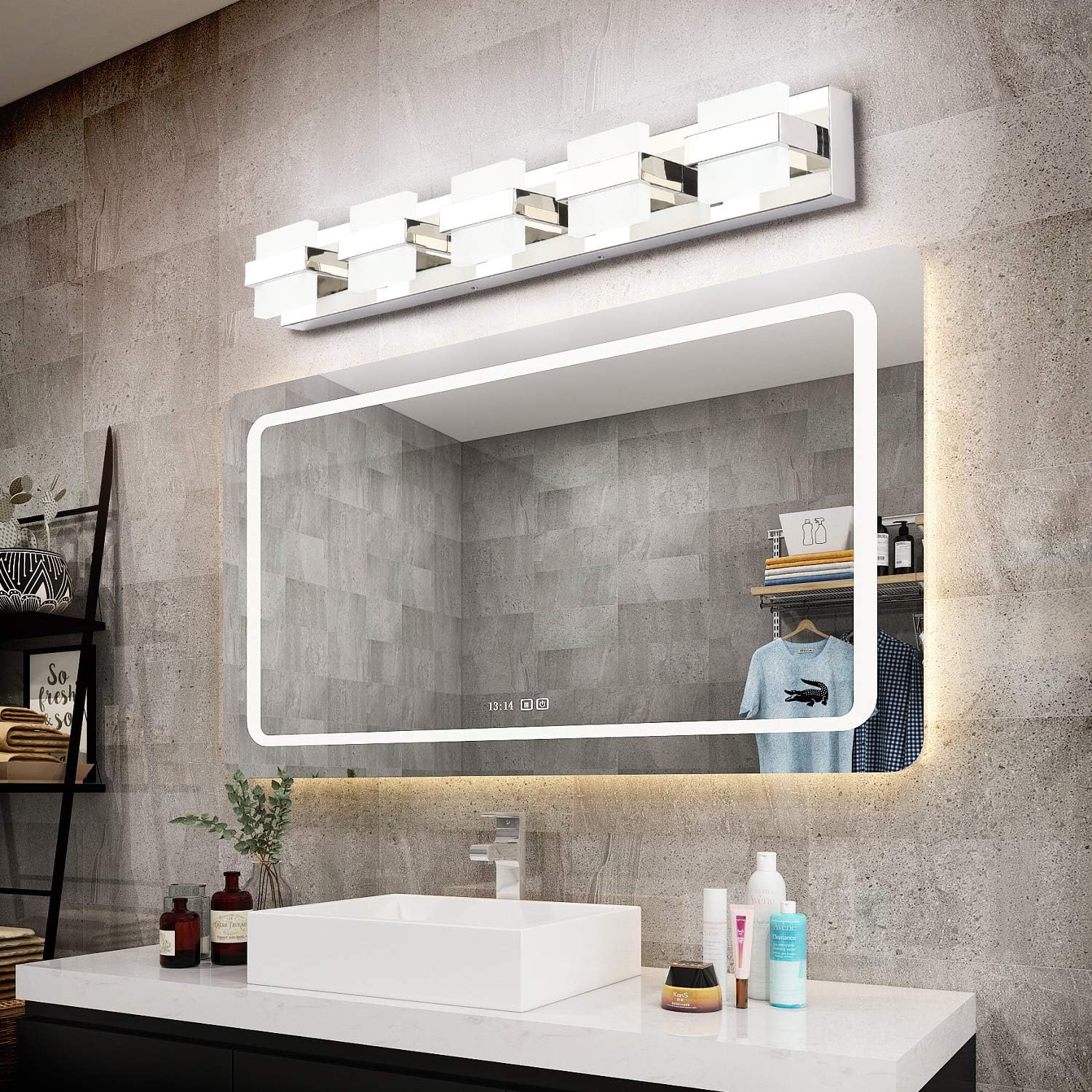 SOLFART Chrome 5 Light Bathroom Vanity Lights Over Mirror, Modern Chrome Bathroom Light Fixtures LED Lights Dimmable