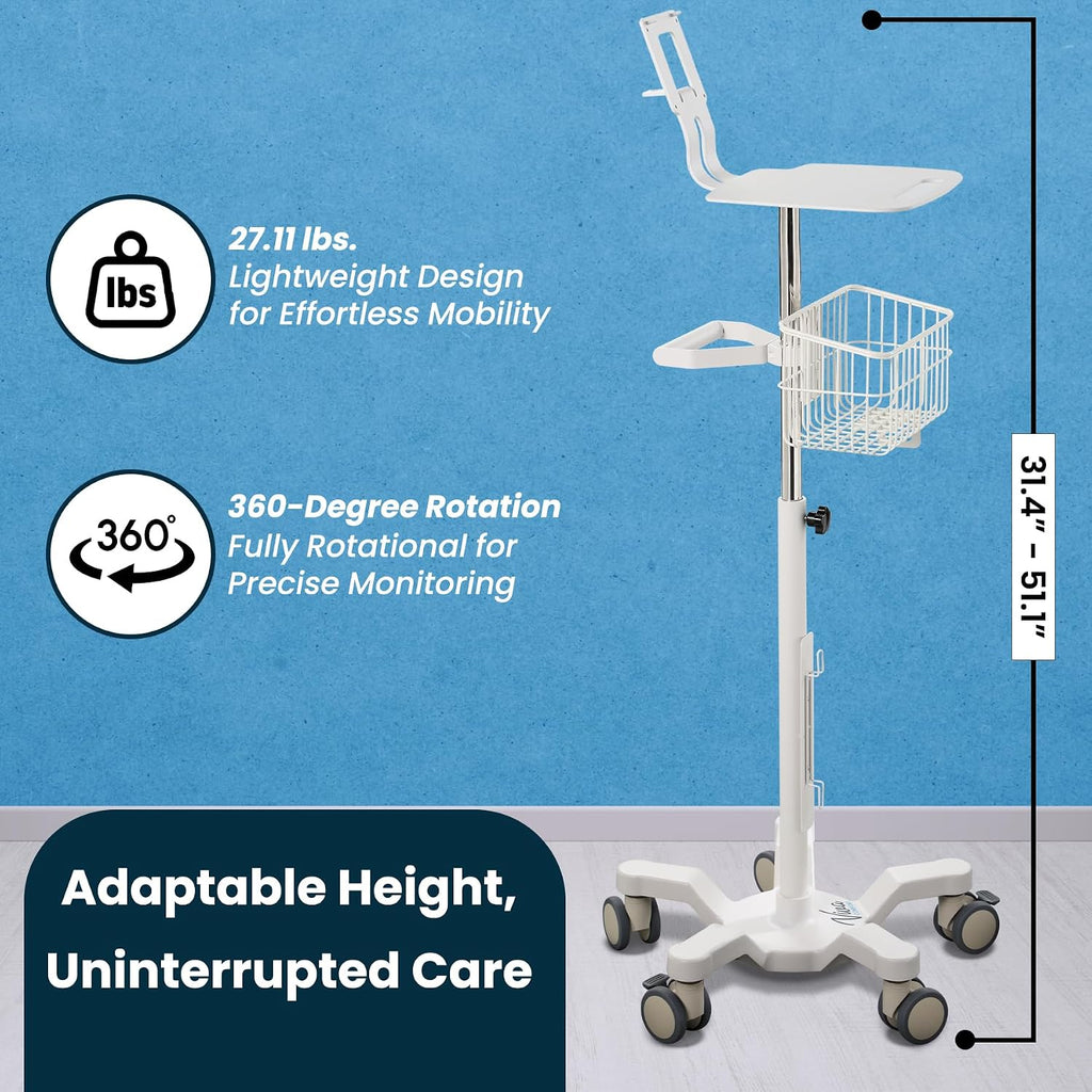 VivaDiagnostics Rolling Stand Vital Signs Monitor for WE 7000 Series Connex Spot, (Monitor NOT Included), Blood Pressure Cuff Basket, Work Surface, Adjustable Pole, and Cord Organizer