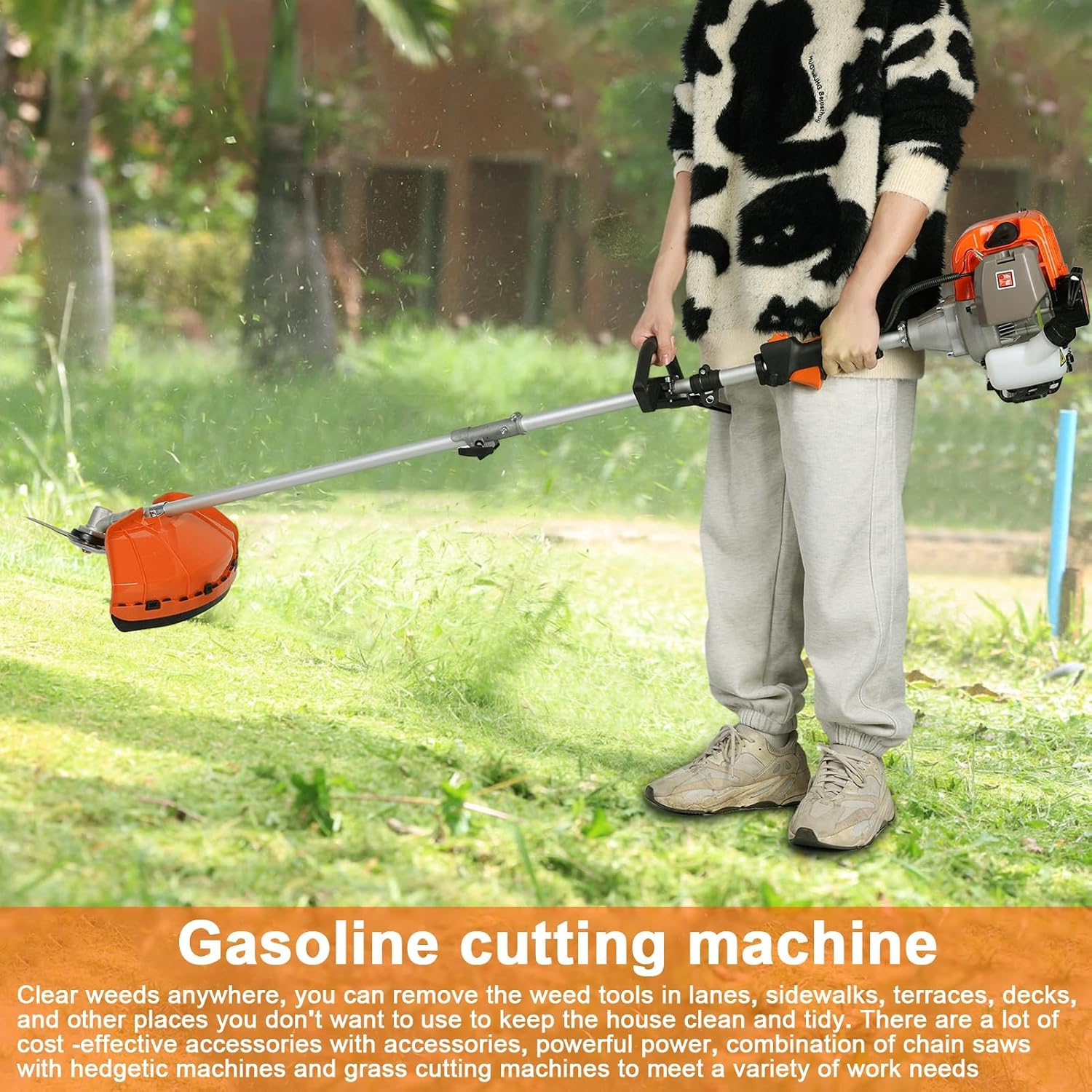5 in 1 Lawn Mower,52CC 2-Stroke Gas Weed Trimmer,Cordless Hedge Trimmer,Brush Cutter,Handheld Chainsaw Weed Wacker with 1.2l Fuel Tank,2.3KW/8000-9500RPM Orange