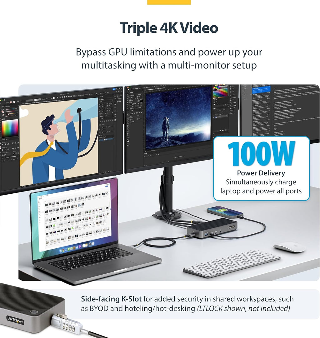 StarTech.com USB-C Triple Monitor Docking Station for MacBook Pro / Air M1 M2 M3 M4 & Windows, Universal 4K HDMI DP Dock, Thunderbolt Compatible, 100W Laptop Charging (116N-USBC-DOCK)