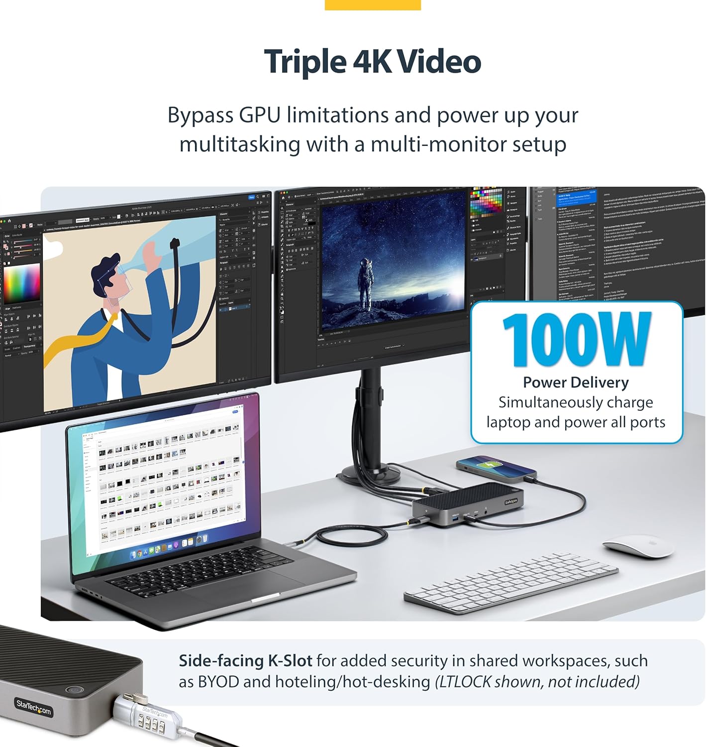 StarTech.com USB-C Triple Monitor Docking Station for MacBook Pro / Air M1 M2 M3 M4 & Windows, Universal 4K HDMI DP Dock, Thunderbolt Compatible, 100W Laptop Charging (116N-USBC-DOCK)