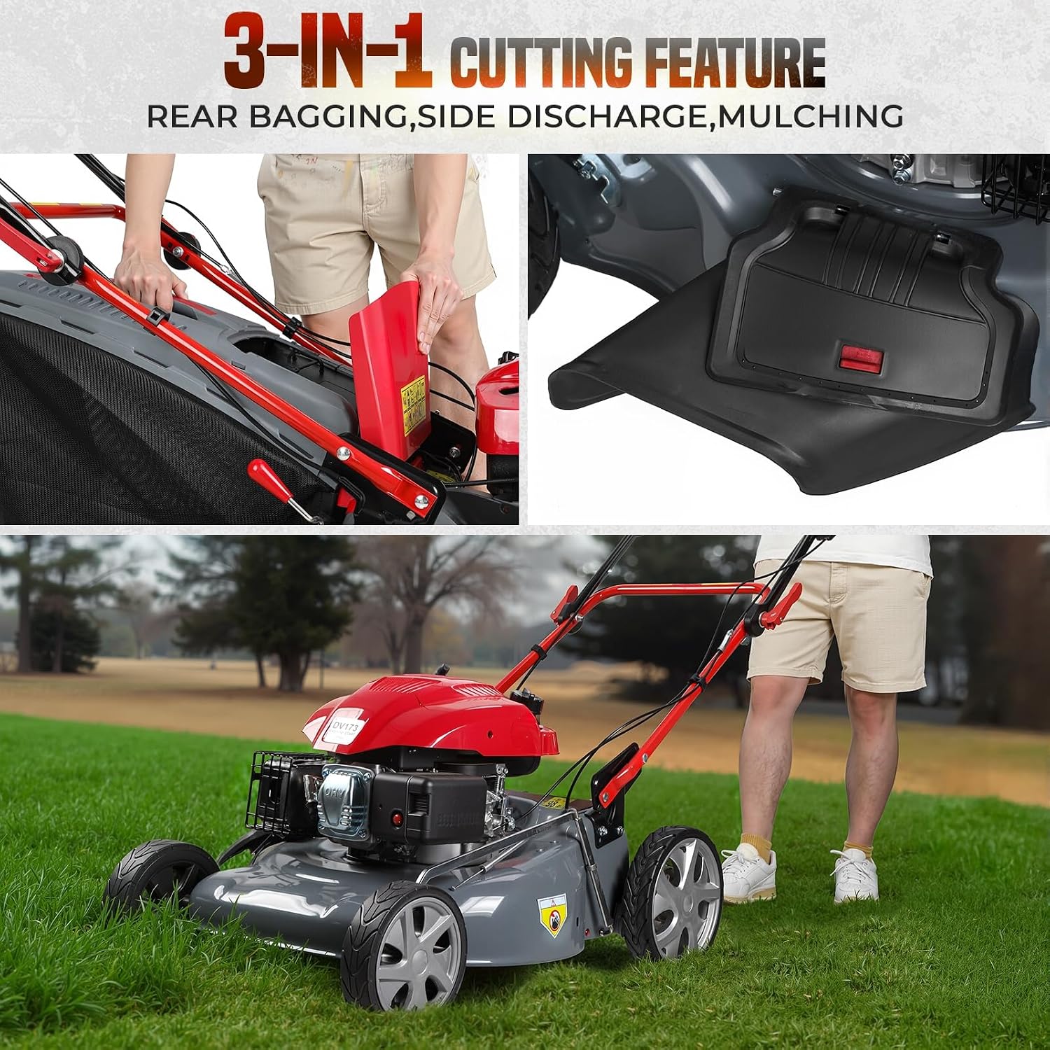 173cc Self Propelled Gas Lawn Mower, 20' 3-in-1 Mulch/Bag/Side-Discharge with 60L Bag,Heavy Duty for Hills, Thick Grass & Large Yards, Rear Wheel Drive for Easy Maneuvering Red