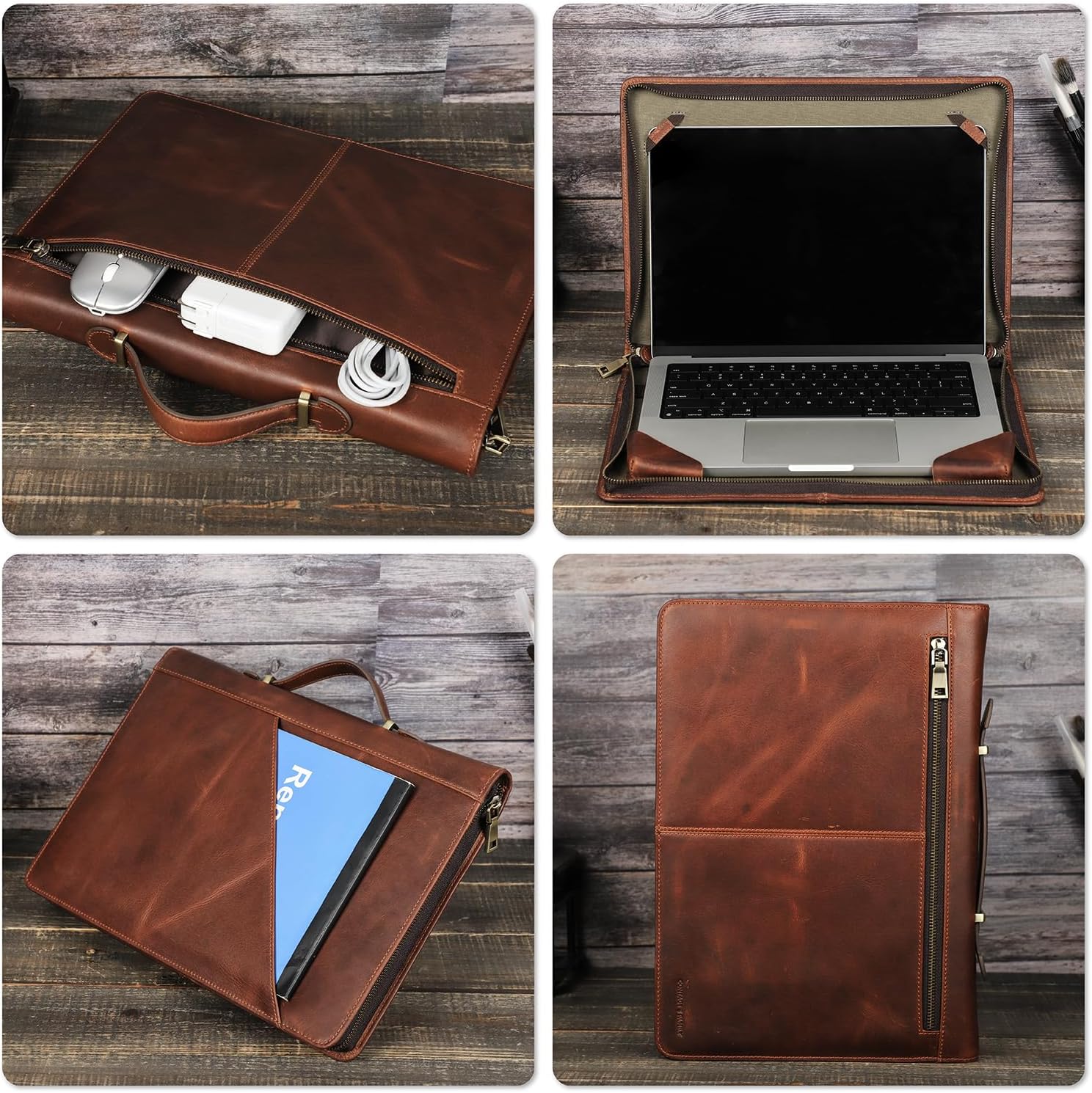 Top Grain Leather 16.2' Slim Laptop Zipper Folio Case Bag, Handmade & 2 Pockets, Compatible with MacBook Pro 16.2' A2485 M1 Max 15' Touch Bar A2141 A1707 Pro 16' Touch ID, Brown 16.2 Inch