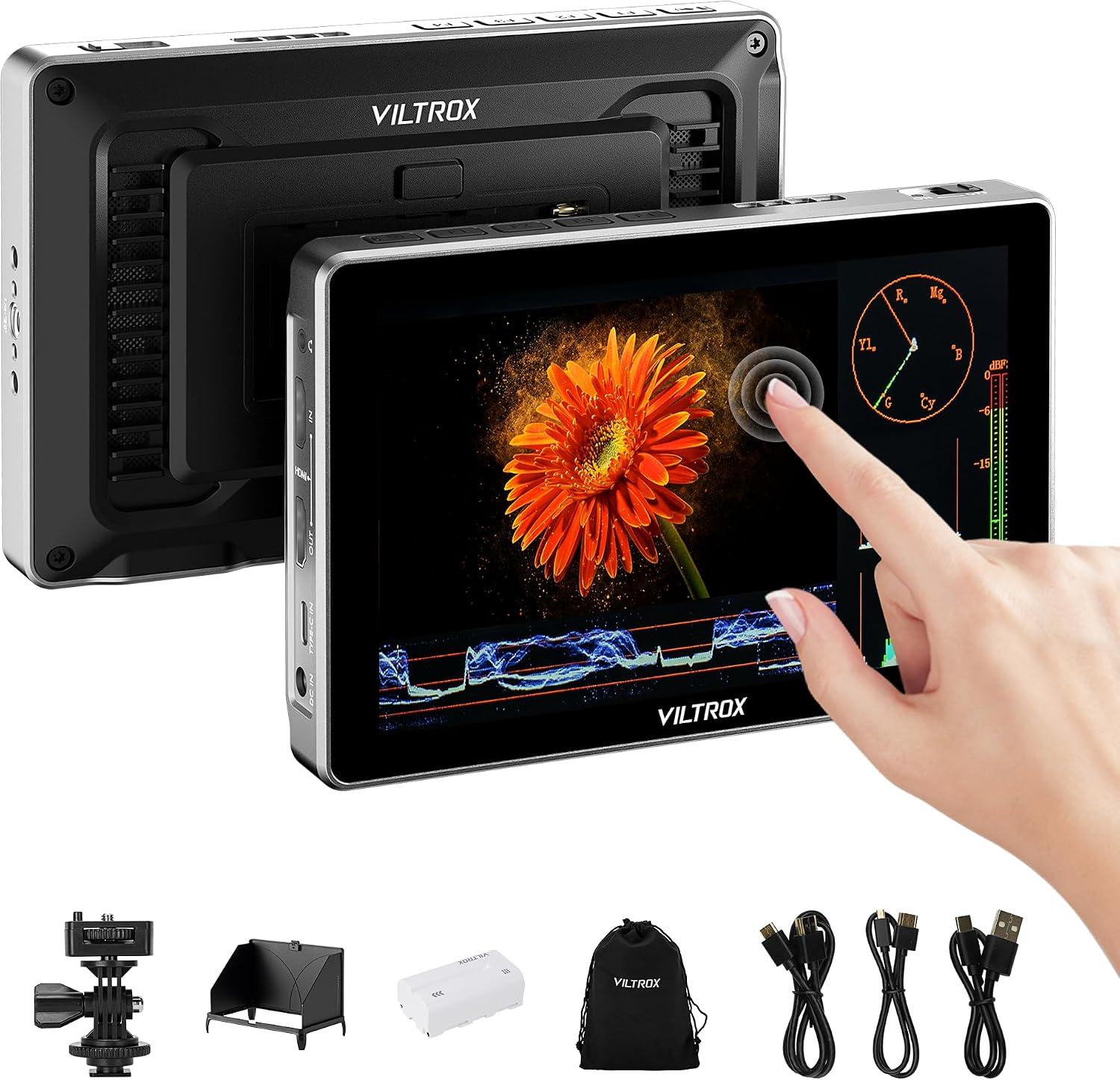 VILTROX DC-L1 7-Inch Touchscreen Camera Field Monitor 1280×800，Supports HDMI 1.4，Custom 3D LUT Import, Vectorscope & Waveform Scopes, Detachable Sunshade, NP-F Battery & Accessories