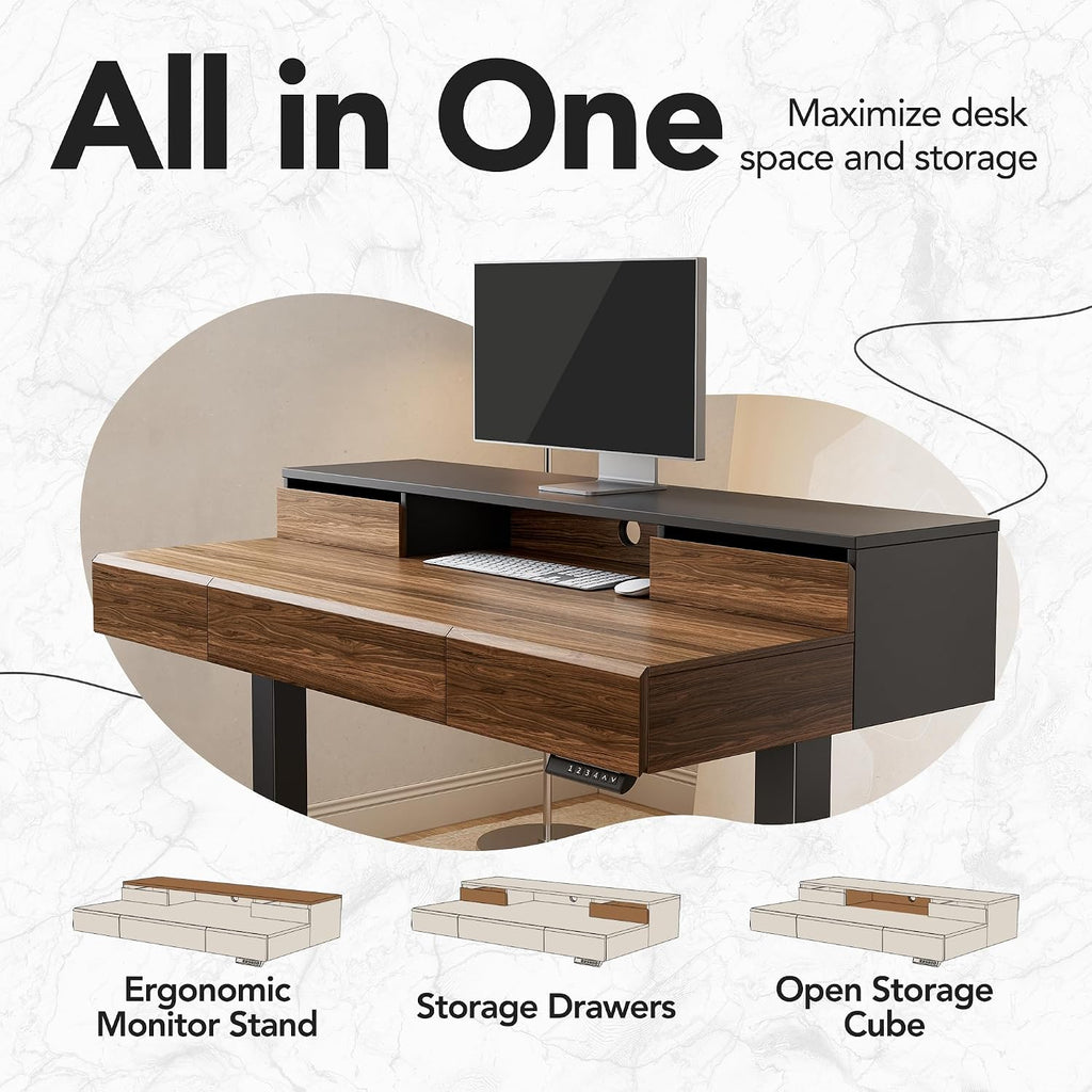 HUANUO Standing Desk with Drawers, 48 Inches Electric Height Adjustable Desk with Storage, Whole-Piece Board Sit Stand Up Desk with Monitor Shelf, Black Walnut