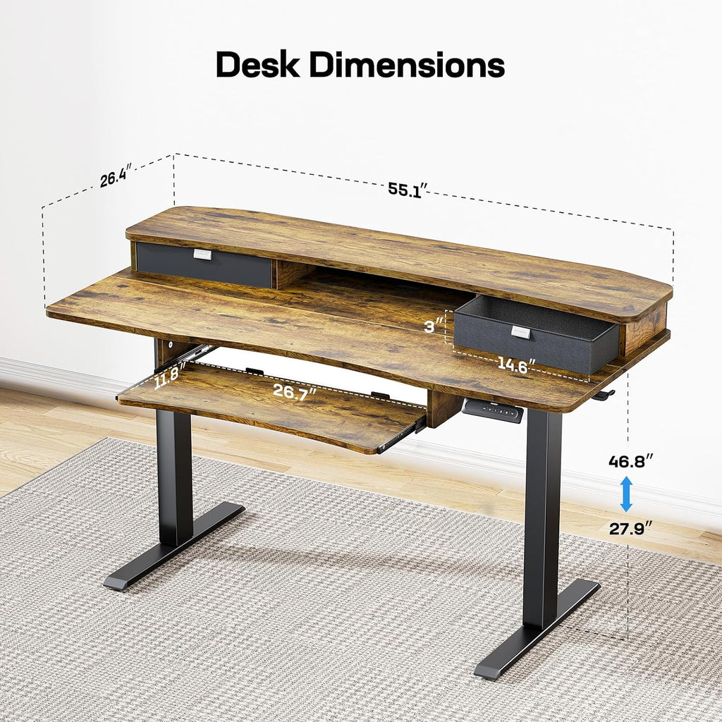 HUANUO 55' x 26' Electric Standing Desk with 2 Drawers & 26.7' Large Keyboard Tray, C-Clamp Mount Compatible, Adjustable Computer Desk for Home Office, Stand Up Desk with 4 Height Presets, Vintage