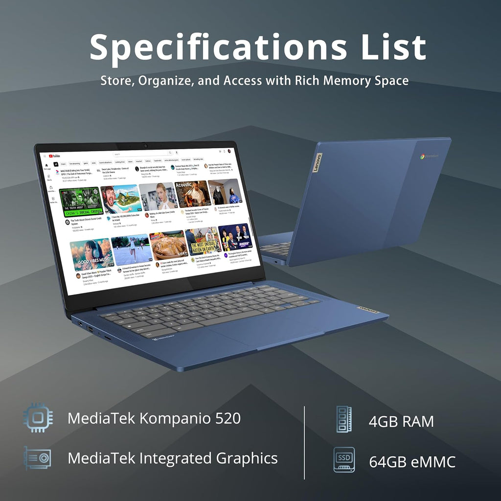 Lenovo IdeaPad Slim 3 Chromebook, 14″ FHD IPS Touchcreen Laptop, MediaTek Kompanio 520 Processor, 4GB RAM, 64GB eMMC, Webcam, Regular Keyboard, WiFi6, Chrome OS, Abyss Blue, 128GB USB