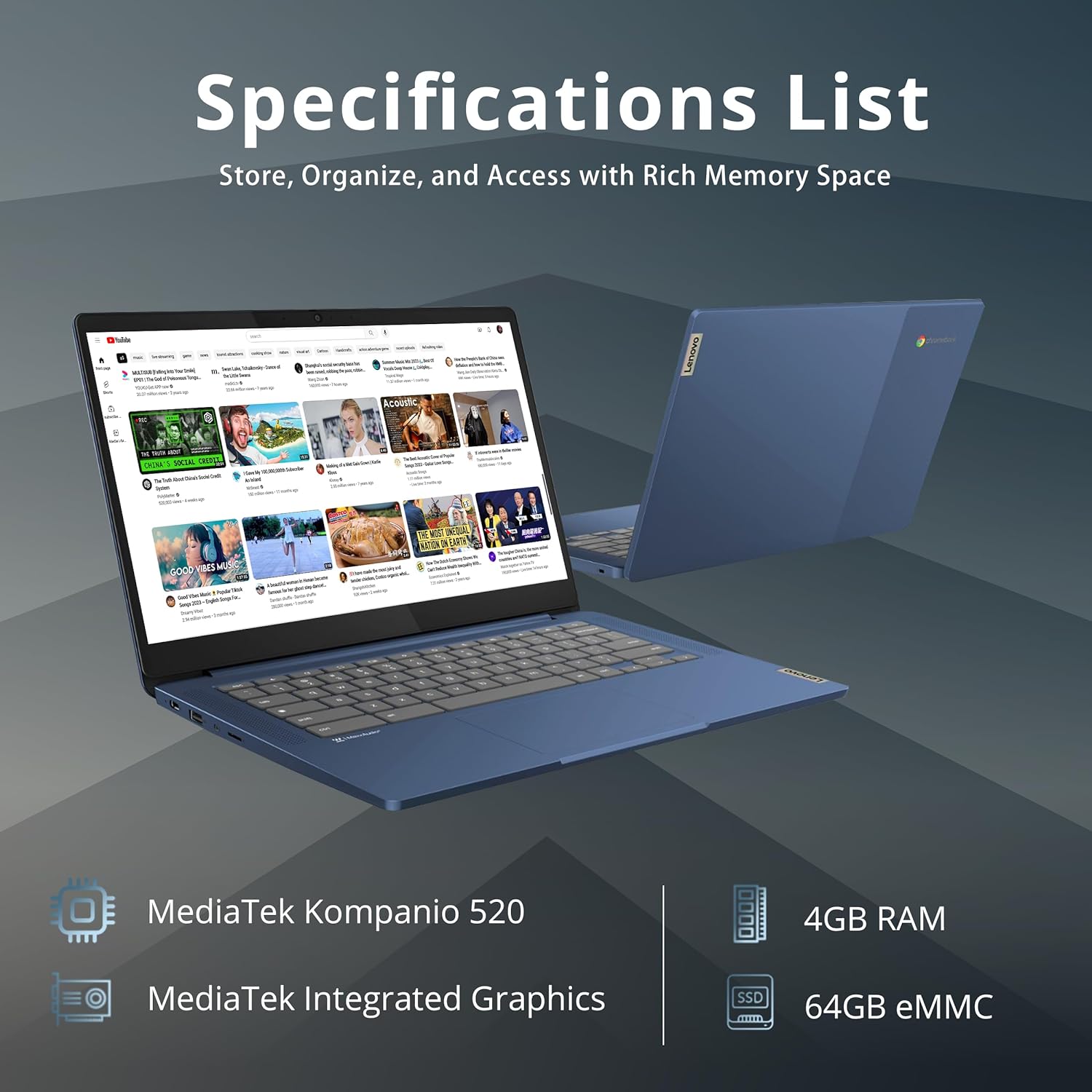 Lenovo IdeaPad Slim 3 Chromebook, 14″ FHD IPS Touchcreen Laptop, MediaTek Kompanio 520 Processor, 4GB RAM, 64GB eMMC, Webcam, Regular Keyboard, WiFi6, Chrome OS, Abyss Blue, 128GB USB
