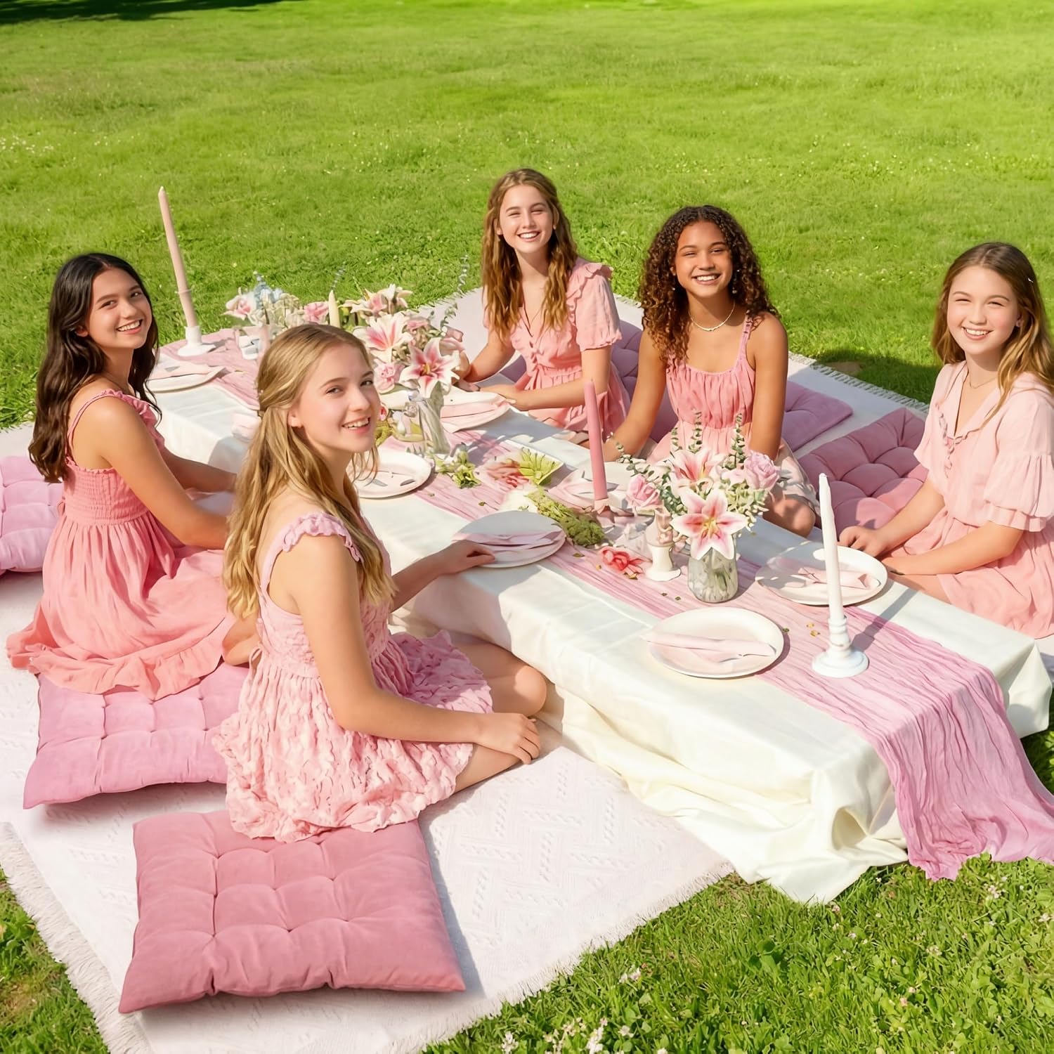 Extra Large Outdoor Picnic Blanket with Table Runner and Floor Pillow Cushion for Picnic Wedding Birthday Baby Shower Backyard Decor(71 x 118'',Pink,12 Pcs)
