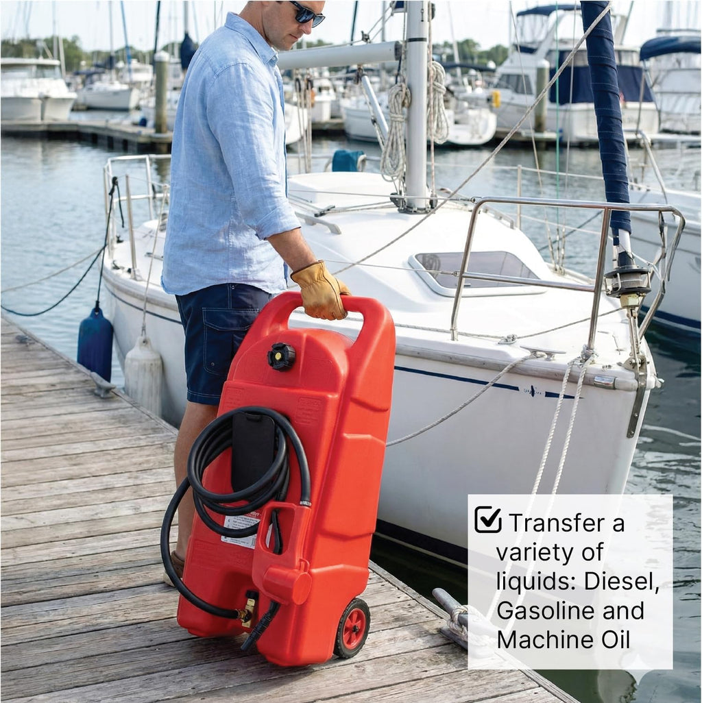 LAUCO 15 Gallons Gas Can, Heavy-Duty Fuel Tank with Manual Transfer Pump & 10FT Hose, Portable Gas Caddy with Wheels, Leak-Proof Gas Container for Lawn Mowers, Cars, Boats, 87259