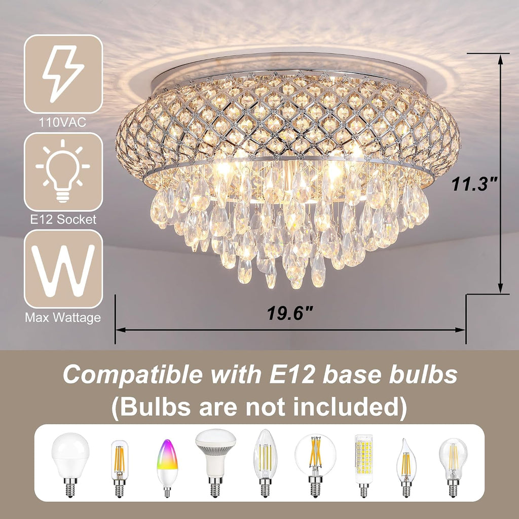 Maxax 19.5'' Chrome Chandelier with Crystal Raindrop Prism, Large 5-Light Flush Mount Ceiling Light Fixture, Drum Raindrop Metal Shade, French Vintage