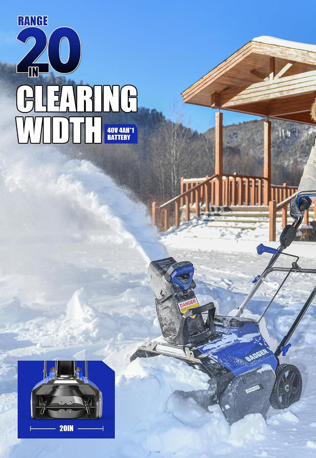 Wild Badger Power Cordless Snow Blower 40V 20' Electric, Brushless Battery Powered with LED Single Stage for Wet Snow and Heavy Snow, Blue