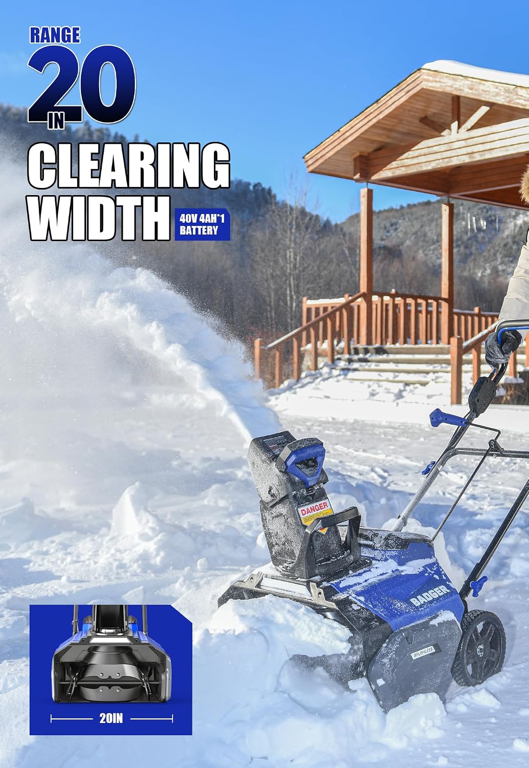 Wild Badger Power Cordless Snow Blower 40V 20' Electric, Brushless Battery Powered with LED Single Stage for Wet Snow and Heavy Snow, Blue
