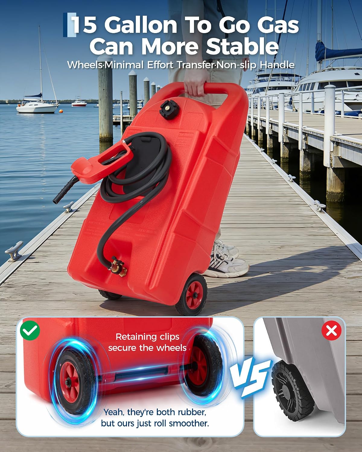 Upgraded 15-Gallon Gas Can & Fuel Tank with Manual Transfer Pump, 10FT Hose & Wheels: Heavy-Duty, Leak-Proof Portable Gas Caddy for Lawn Mowers, Tractors, Cars, Boats, ATVs, and Snow Blowers