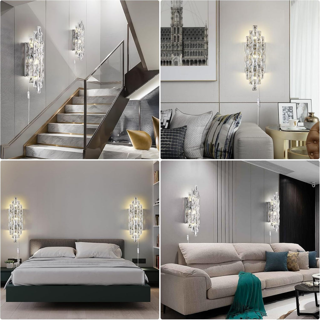 Modern Plug in Wall Sconce Crystal Wall Sconces Indoor Wall Lamp for Bedroom Chrome Light Fixture with Plug in Switch Vanity Wall Mount Lamps for Living Room Bedroom Bathroom Bedside Hallway