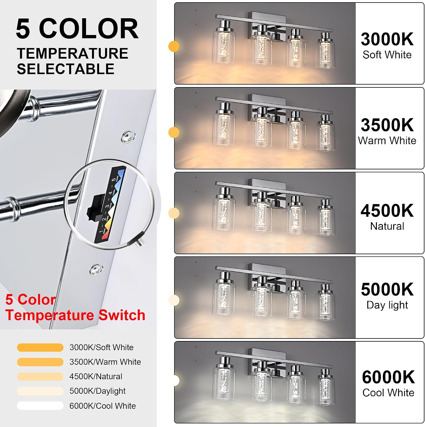 MELUCEE 5 Color Dimmable Bathroom Vanity Light Fixtures 5-Light Bath Wall Lights Modern LED Vanity Lights for Bathroom Chrome with Crystal Bubble Clear Glass Shade, Built-in LED Chips