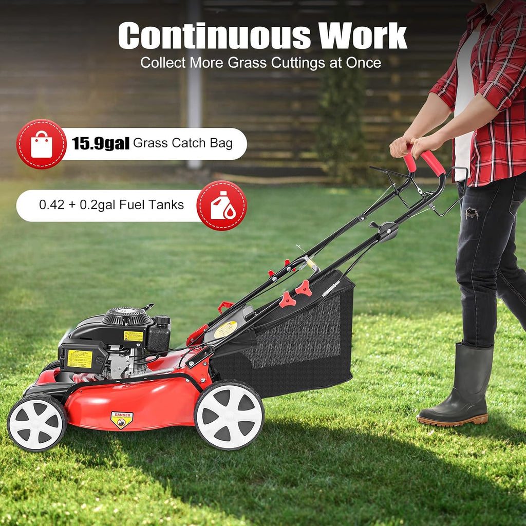 Gas Powered Lawn Mower, 20 Inch 140CC Walk-Behind Push Mower Height Adjustable Push Lawnmower for Outdoor Yards, Red/Black
