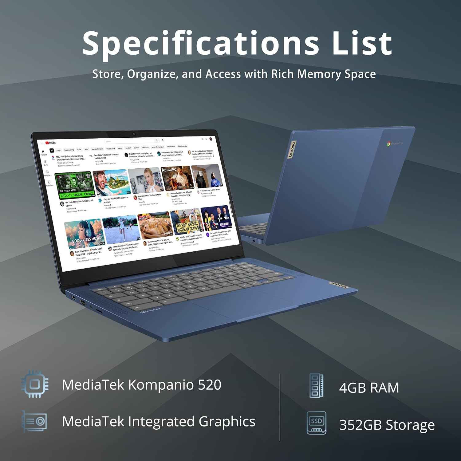 Lenovo IdeaPad Slim 3 Chromebook, 14' FHD Touchscreen, MediaTek Kompanio 520 Processor, 4GB LPDDR4X RAM, 352GB Storage (64GB eMMC + 288GB Docking Station Set), WiFi 6, Webcam, Chrome OS, Abyss Blue