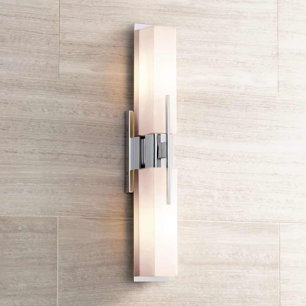 Possini Euro Design Midtown Mid Century Modern Wall Mount Light Chrome Silver Metal 23 1/2' Wide 2-Light Vanity Fixture Rectangular White Glass Shades Decor for Bathroom Over Mirror House Home