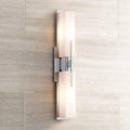 Possini Euro Design Midtown Mid Century Modern Wall Mount Light Chrome Silver Metal 23 1/2' Wide 2-Light Vanity Fixture Rectangular White Glass Shades Decor for Bathroom Over Mirror House Home