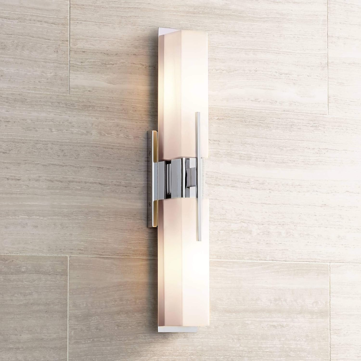 Possini Euro Design Midtown Mid Century Modern Wall Mount Light Chrome Silver Metal 23 1/2' Wide 2-Light Vanity Fixture Rectangular White Glass Shades Decor for Bathroom Over Mirror House Home